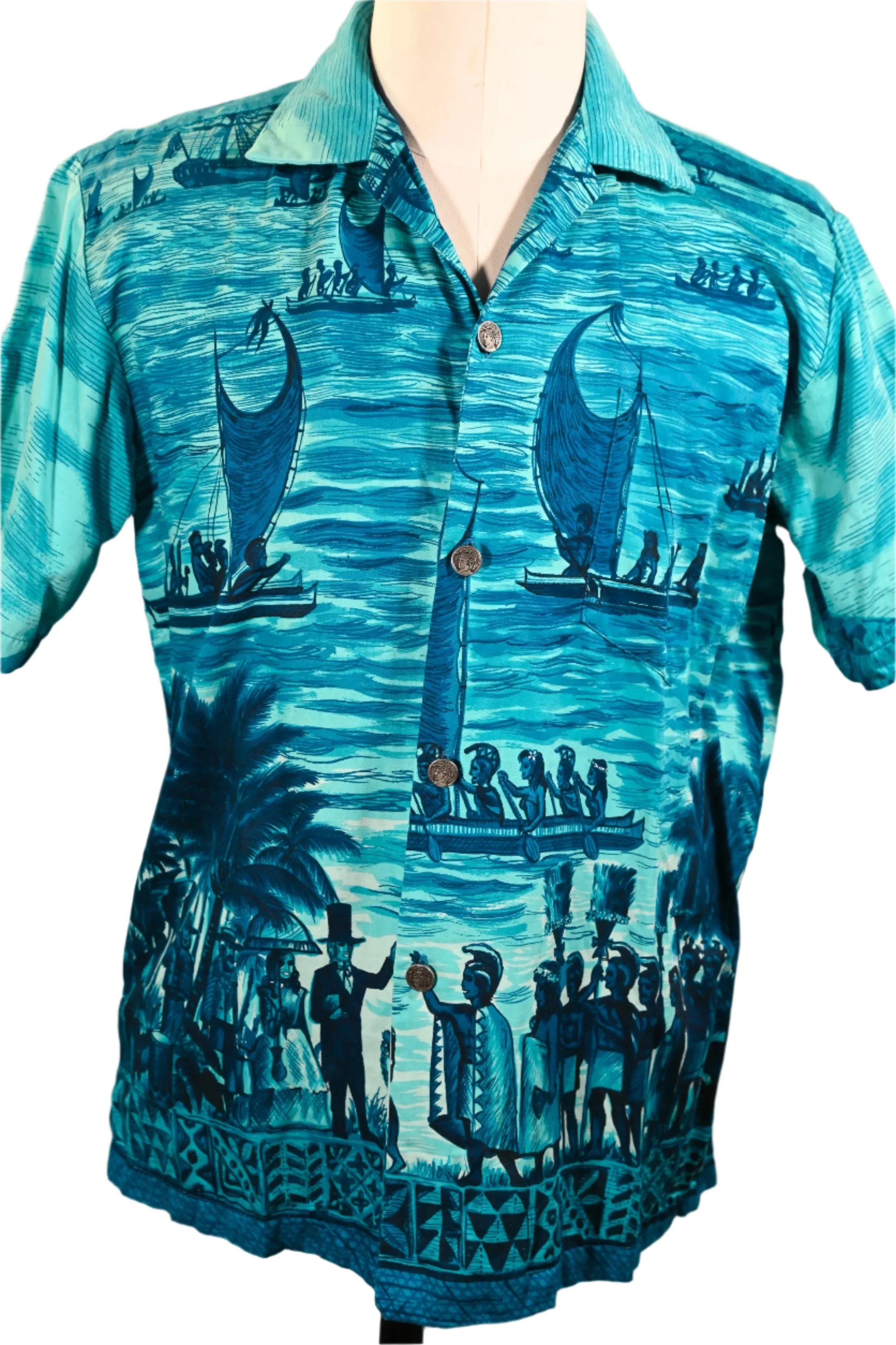 Polynesian Bazaar Vintage 60s Hawaiian Shirt, Polynesian Settlers Aloha Shirt M