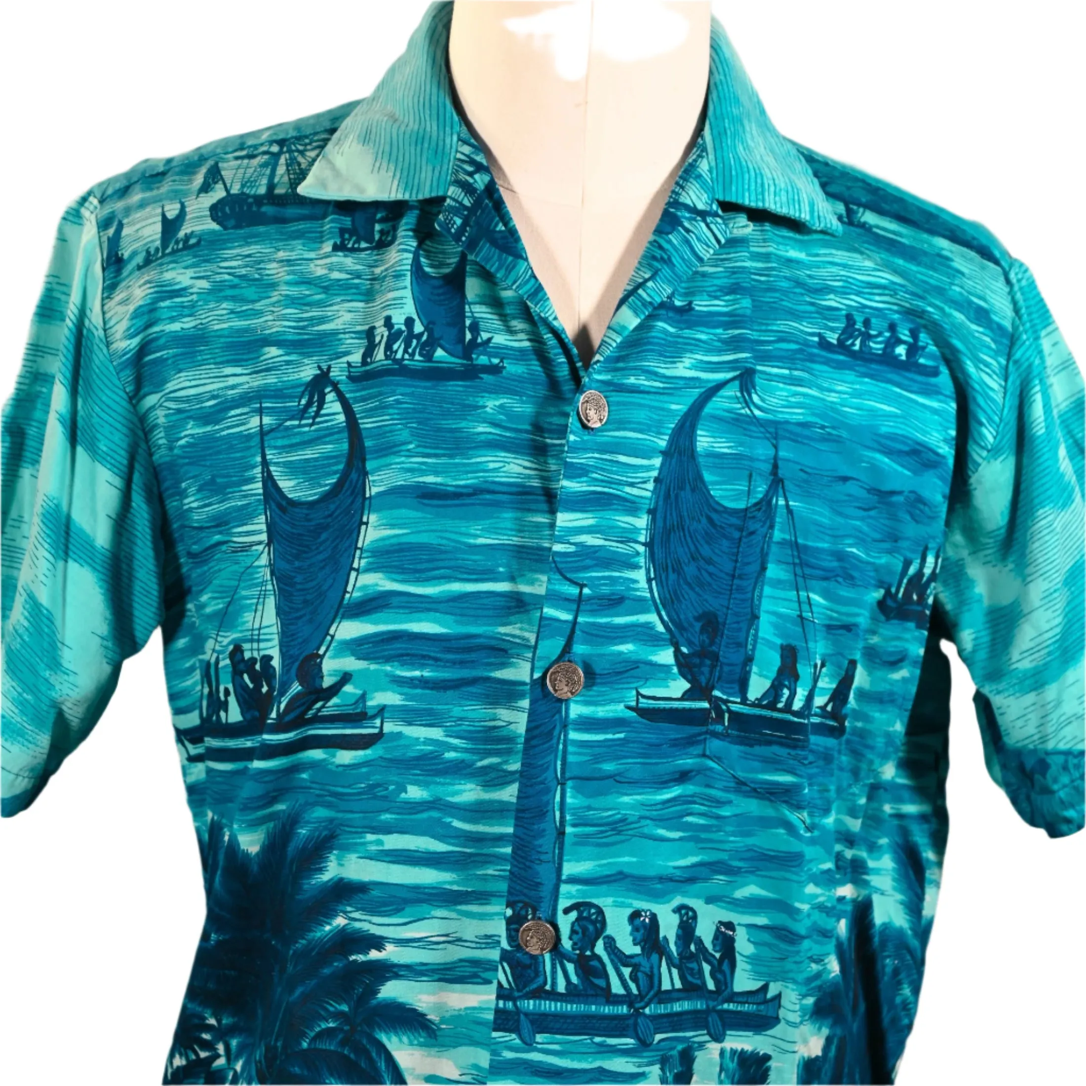 Polynesian Bazaar Vintage 60s Hawaiian Shirt, Polynesian Settlers Aloha Shirt M