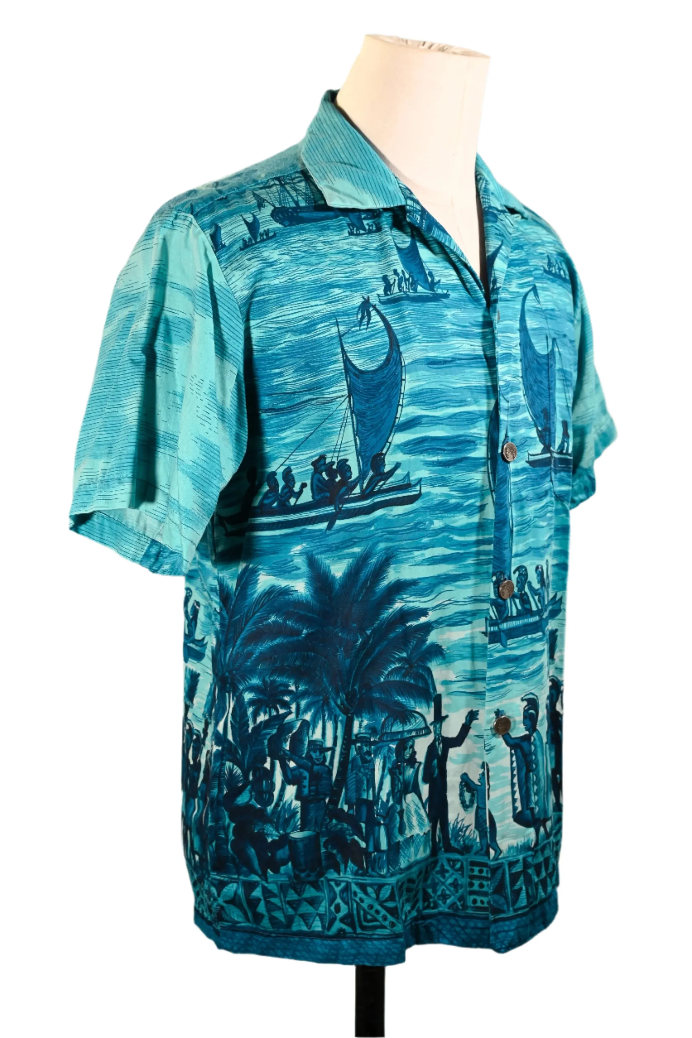 Polynesian Bazaar Vintage 60s Hawaiian Shirt, Polynesian Settlers Aloha Shirt M