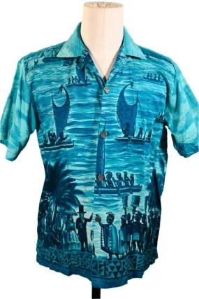 Polynesian Bazaar Vintage 60s Hawaiian Shirt, Polynesian Settlers Aloha Shirt M