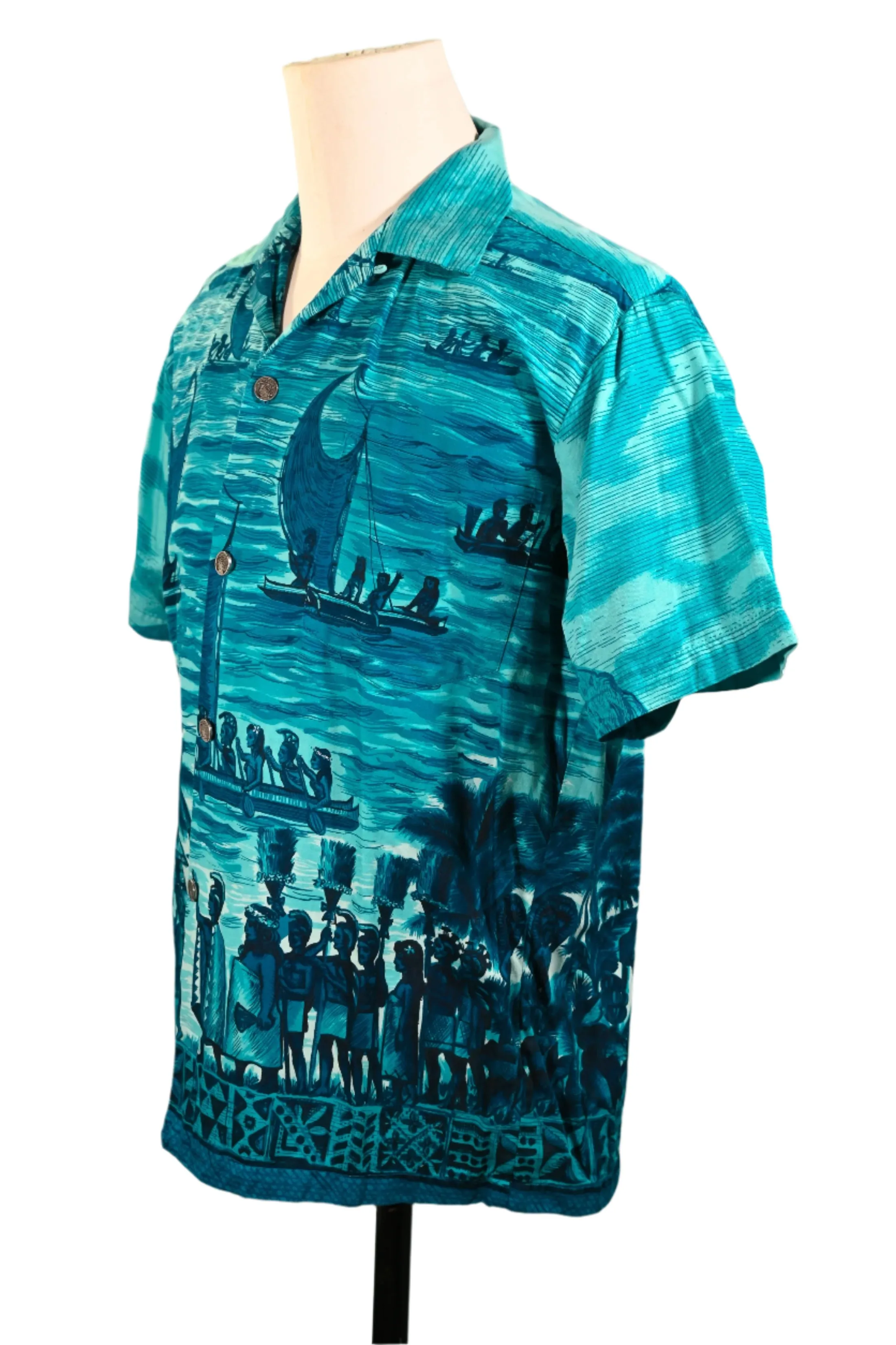 Polynesian Bazaar Vintage 60s Hawaiian Shirt, Polynesian Settlers Aloha Shirt M
