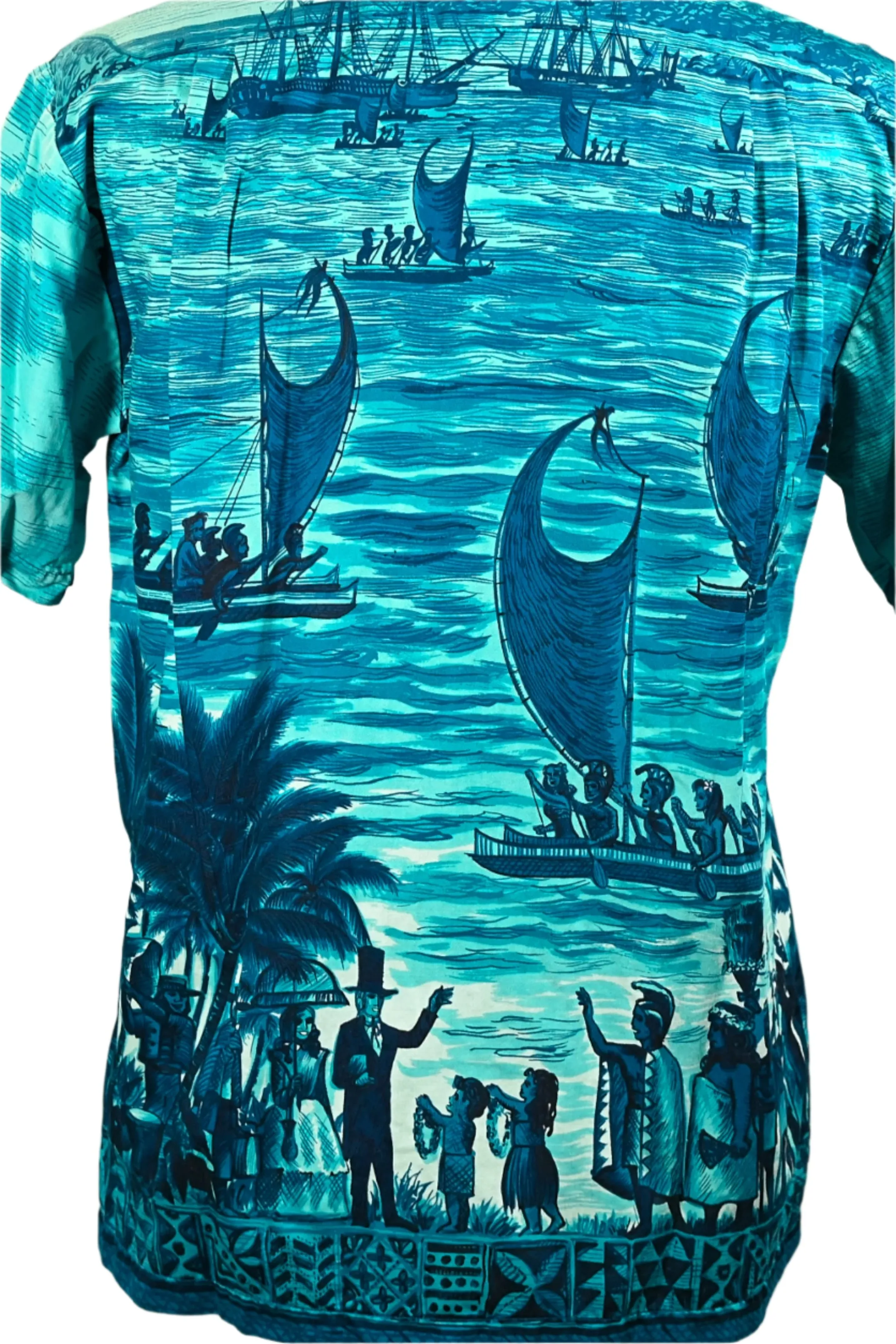 Polynesian Bazaar Vintage 60s Hawaiian Shirt, Polynesian Settlers Aloha Shirt M