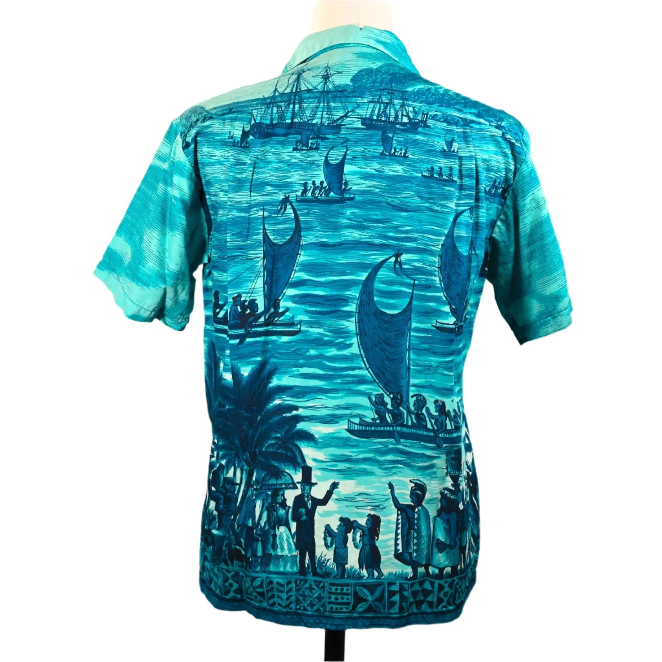Polynesian Bazaar Vintage 60s Hawaiian Shirt, Polynesian Settlers Aloha Shirt M