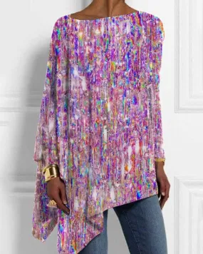Women's Sequin Glitter Print Irregular Top